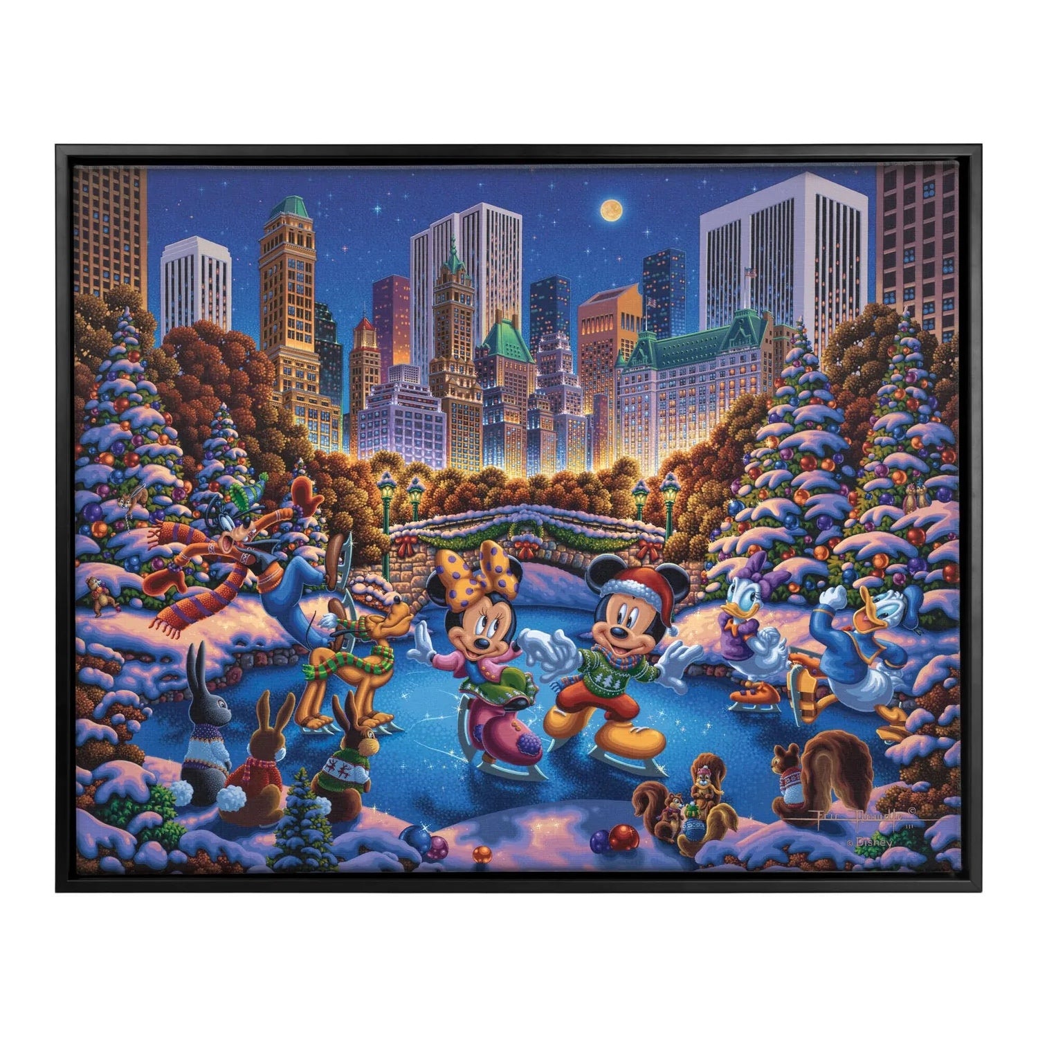 Mickey and Friends Skating in Central Park – 30" x 37" Canvas Wall Murals (Onyx Black Frame)