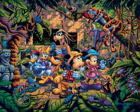 Mickey and Friends Exploring the Jungle – 30" x 37" Canvas Wall Murals (Onyx Black Frame)