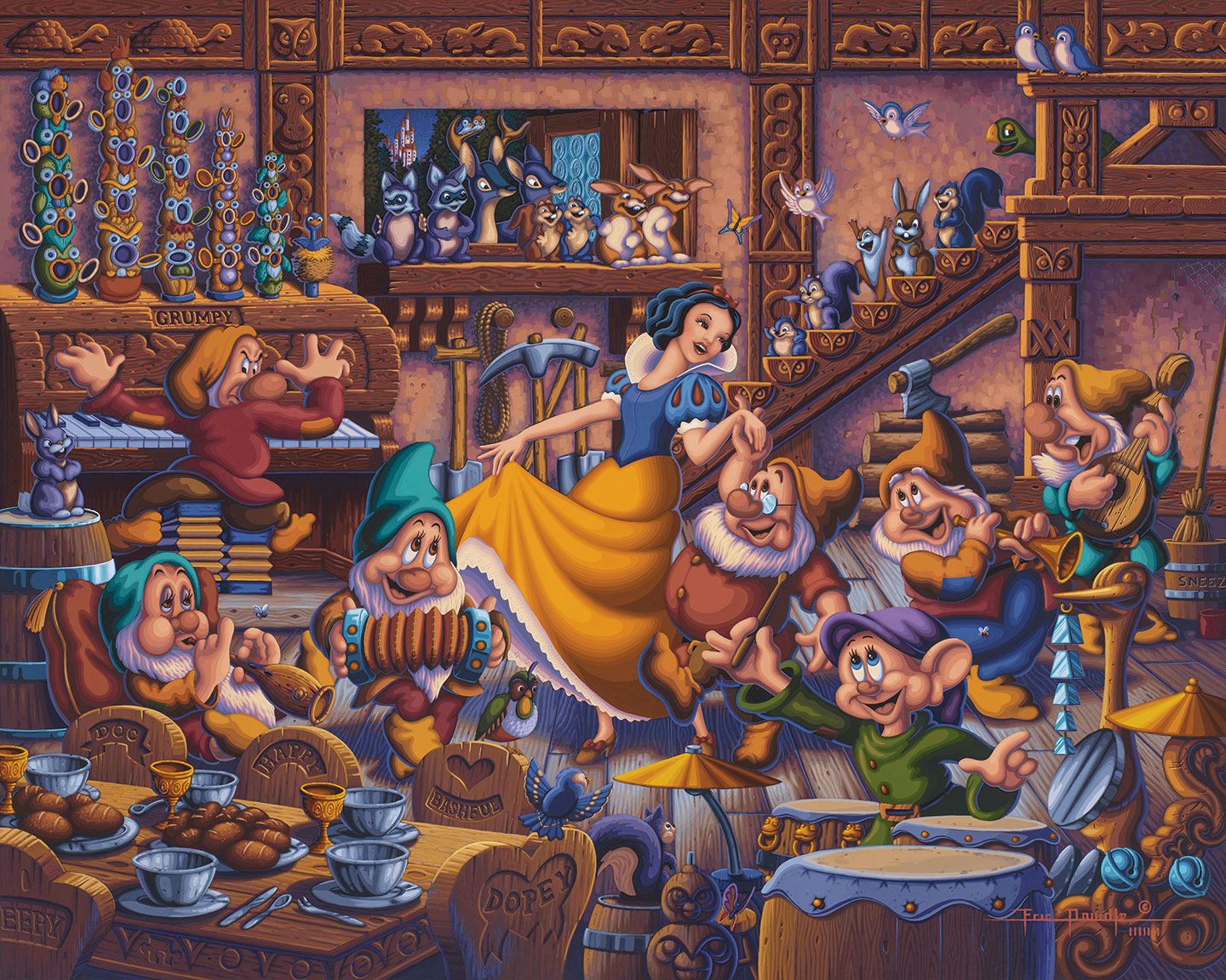 Snow White Dancing with the Dwarfs – 30" x 37" Canvas Wall Murals (Onyx Black Frame)